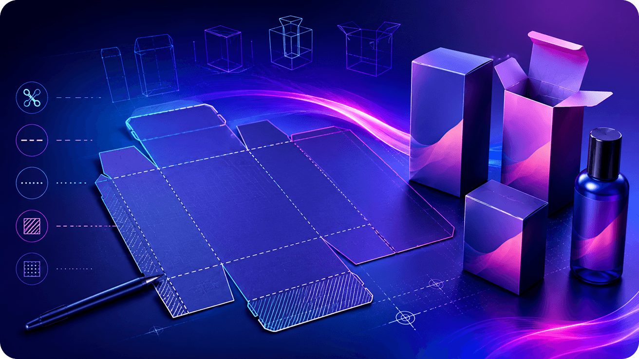 Diagram of the key dieline components: cut lines, fold lines, bleed area, and safe zone