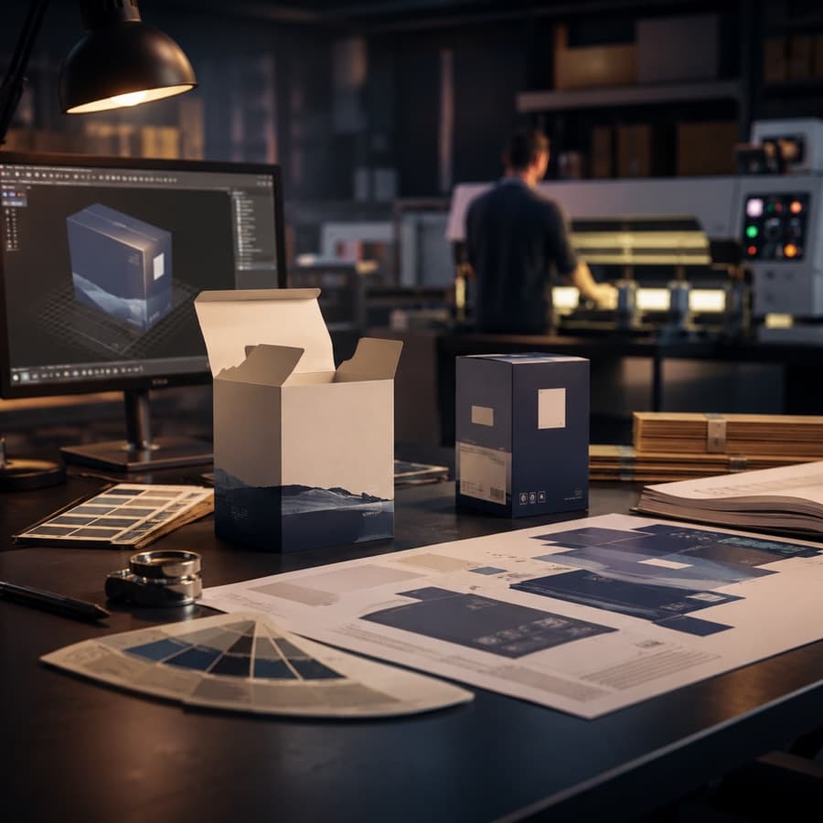 Team reviewing packaging samples in a studio