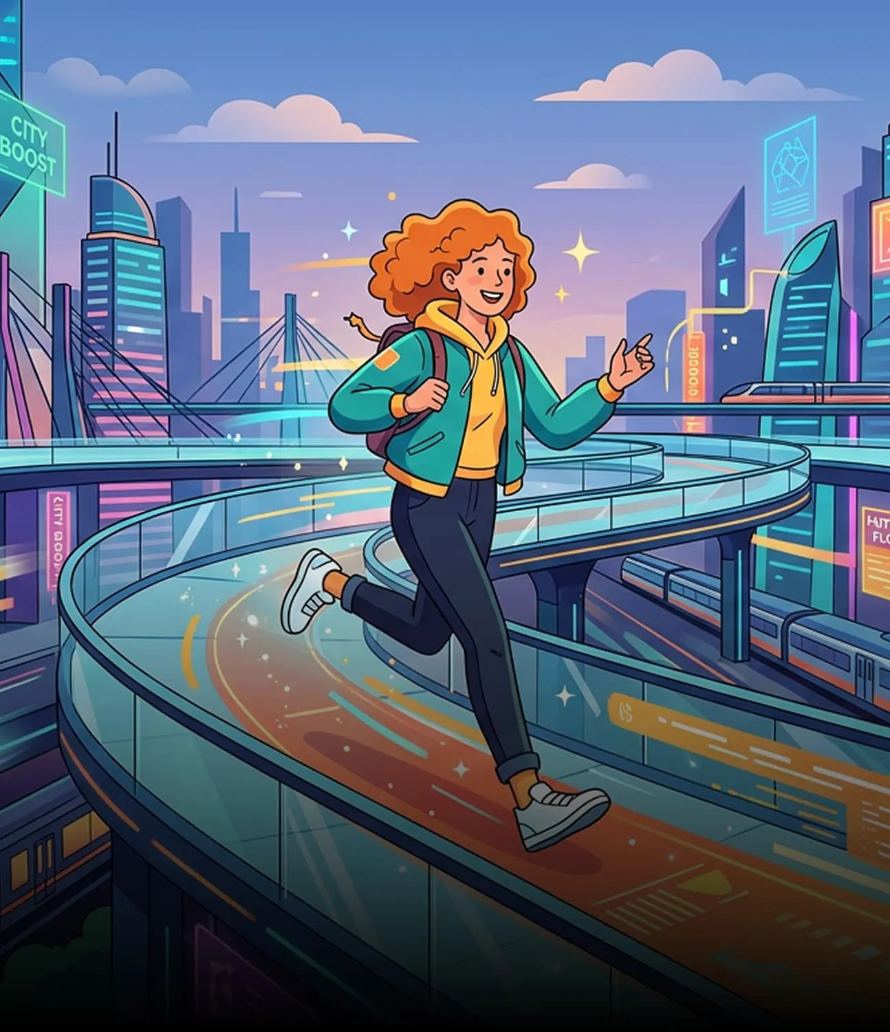 Illustrated character walking across a stylized cityscape